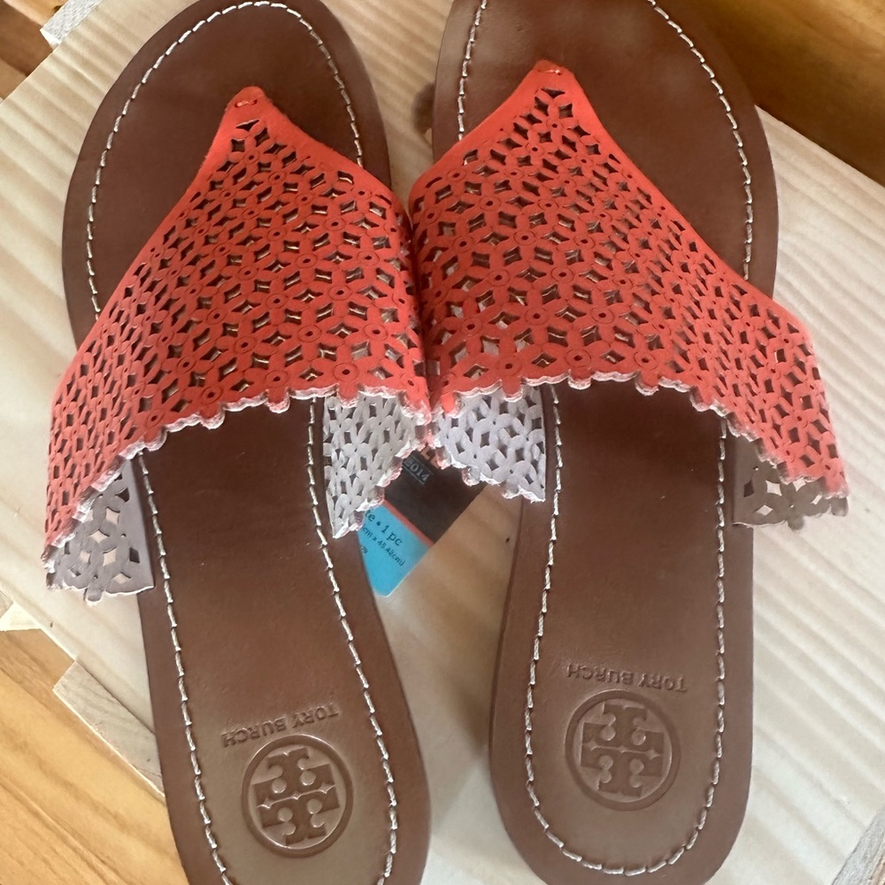 Tory Burch Brown Leather Sandals with Coral Laser-Cut Strap